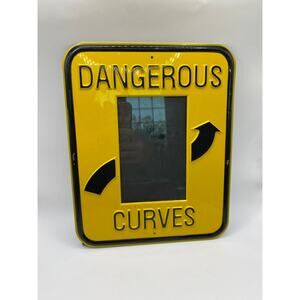 Dangerous Curves Metal Picture Frame 3.5x5.5 Photo Yellow Black Arrow Road Sign